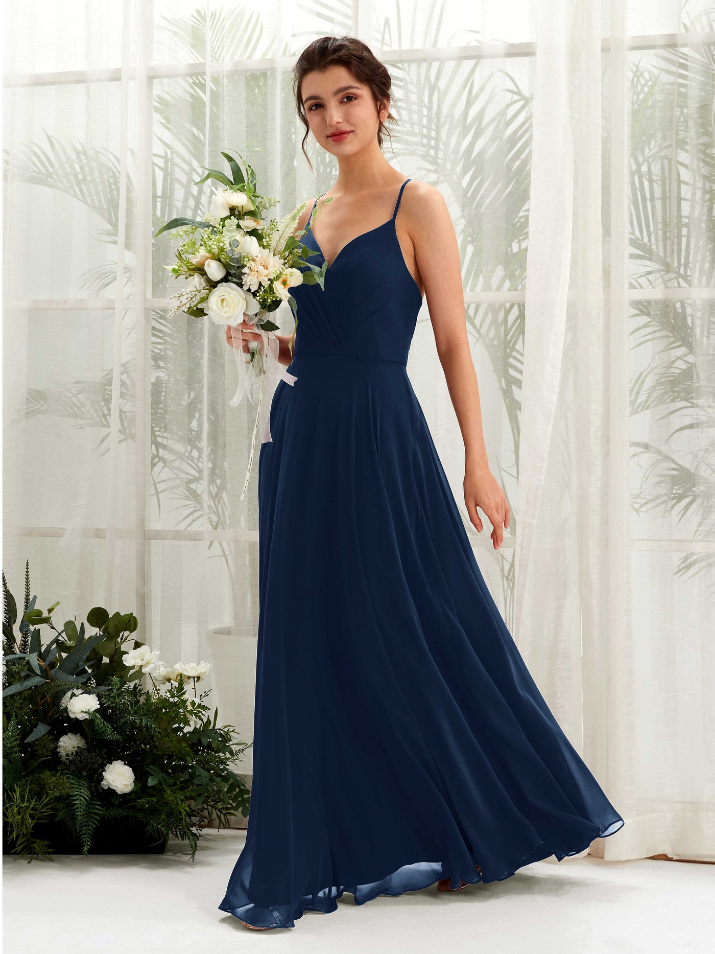 Dark Navy Chiffon V-Neck Bridesmaid Dress A-Line Floor-Length | Carlyna Dark Navy Chiffon V-Neck Bridesmaid Dress A-Line Floor-Length | Carlyna