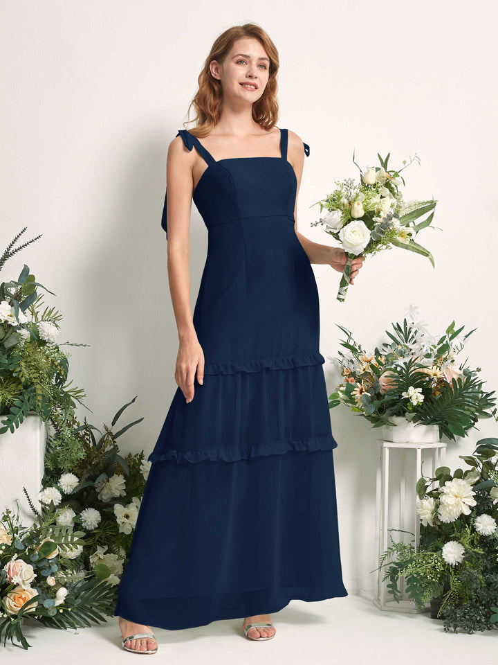 Bridesmaid Dress Chiffon Straps Full Length Sleeveless Wedding Party Dress - Navy (81227513)