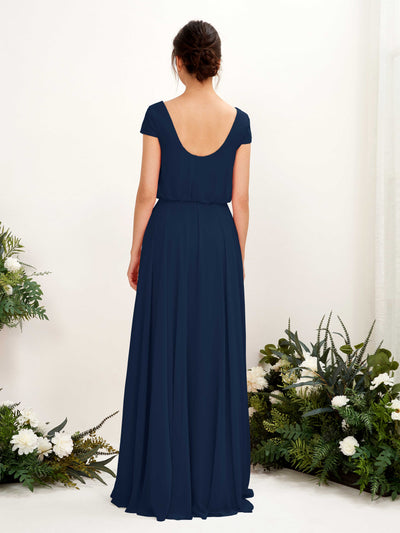 Carlyna Pauline A-Line Navy Bridesmaid Dress Maxi Cap Sleeve V-Neck Dress Back View #color_navy