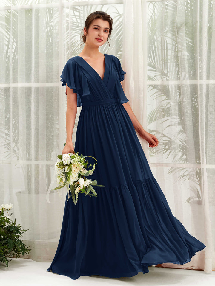 Navy Bridesmaid Dresses Bridesmaid Dress A-line Chiffon V-neck Full Length Short Sleeves Wedding Party Dress (81225913)