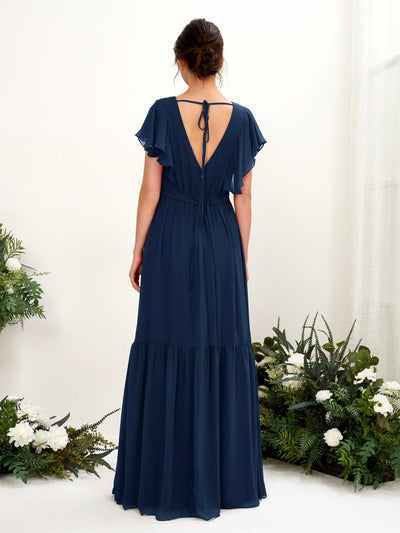 Carlyna Chaya A-Line Navy Bridesmaid Dress Maxi Cap Sleeve V-Neck Dress Back View #color_navy
