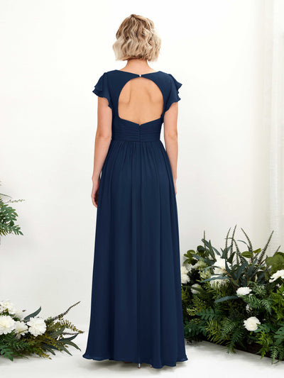 Carlyna Grino A-Line Navy Bridesmaid Dress Maxi Cap Sleeve V-Neck Dress Back View #color_navy