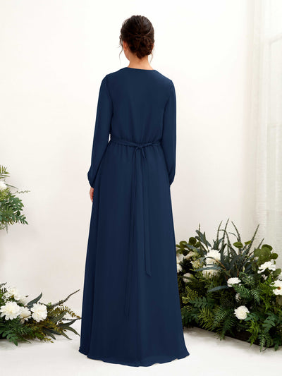 Carlyna Elsie A-Line Navy Bridesmaid Dress Maxi Long Sleeve V-Neck Back View #color_navy