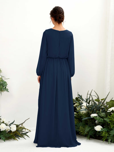 Carlyna Ginny A-Line Navy Bridesmaid Dress Maxi Long Sleeve V-Neck Back View #color_navy