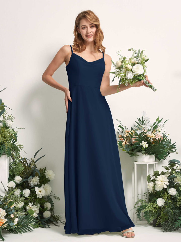 Bridesmaid Dress A-line Chiffon Spaghetti-straps Full Length Sleeveless Wedding Party Dress - Navy (81227213)