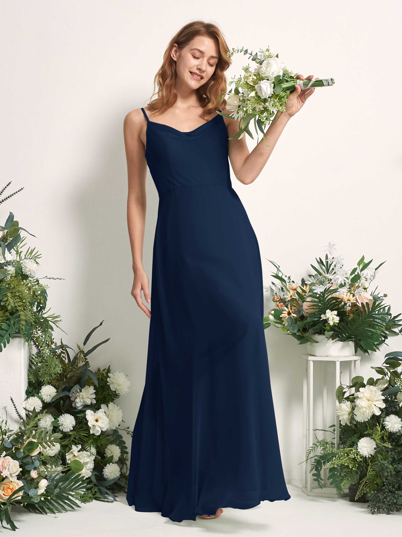 Bridesmaid Dress A-line Chiffon Spaghetti-straps Full Length Sleeveless Wedding Party Dress - Navy (81227213)#color_navy