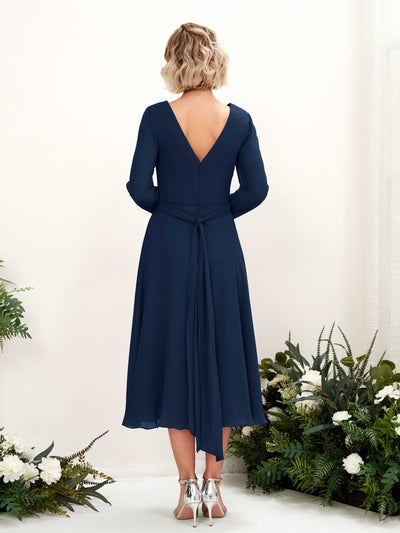 Carlyna Joanna A-Line Navy Bridesmaid Dress Midi Long Sleeve V-Neck Back View #color_navy
