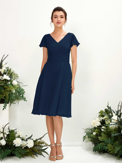 Carlyna Betty A-Line Navy Bridesmaid Dress Knee-Length Short Sleeve V-Neck Dress Front View #color_navy