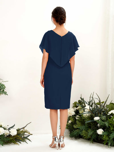 Carlyna Vanessa Sheath Navy Bridesmaid Dress Knee-Length Cap Sleeve V-Neck Dress Back View #color_navy