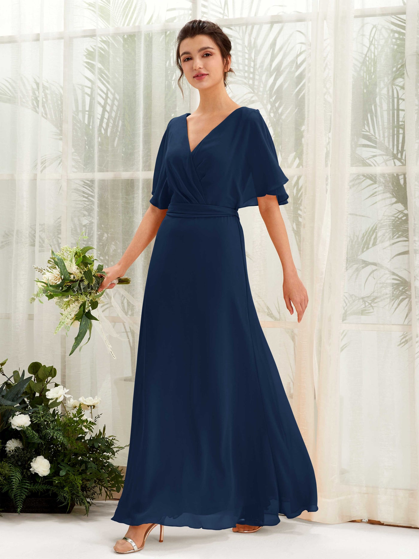 Navy Bridesmaid Dresses Bridesmaid Dress A-line Chiffon V-neck Full Length Short Sleeves Wedding Party Dress (81222413)#color_navy
