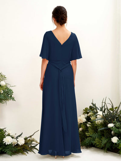 Carlyna Merta A-Line Navy Bridesmaid Dress Maxi Short Sleeve V-Neck Dress Back View #color_navy