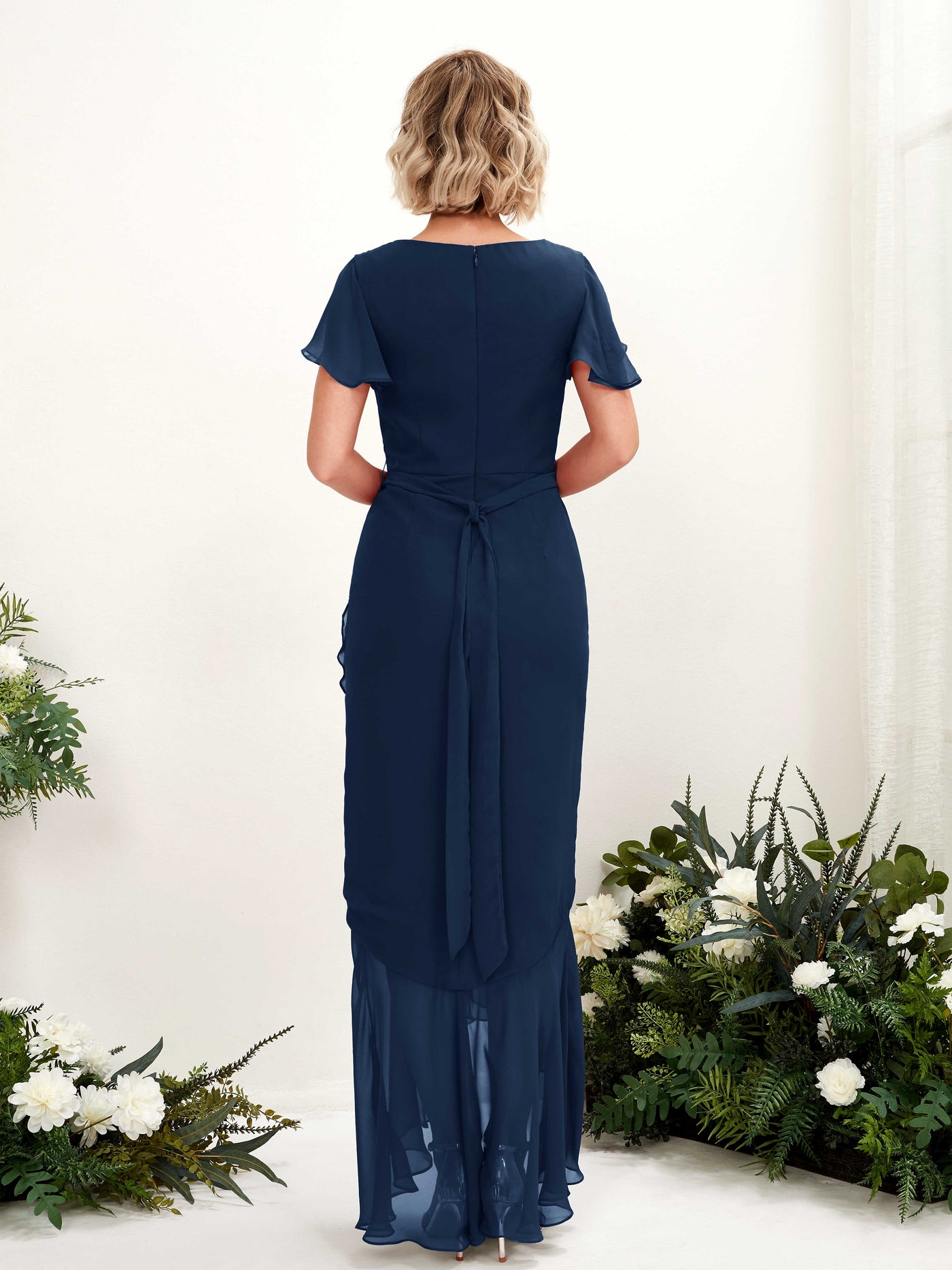 V-neck Short Sleeves Chiffon Bridesmaid Dress - Navy (81226213)#color_navy