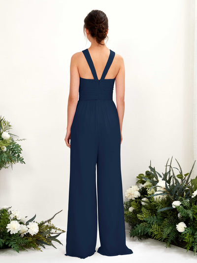 Carlyna Hilona Jumpsuit Navy Bridesmaid Dress Maxi Sleeveless V-Neck Dress Back View #color_navy