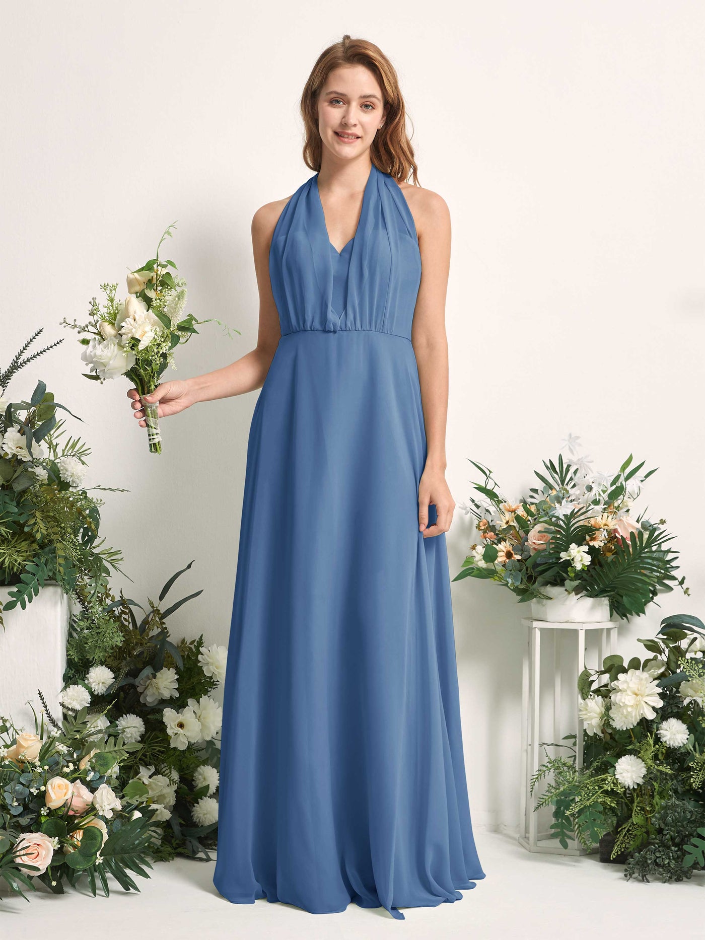 Dusty Blue Bridesmaid Dresses Bridesmaid Dress A-line Chiffon Halter Full Length Short Sleeves Wedding Party Dress (81226310)#color_dusty-blue