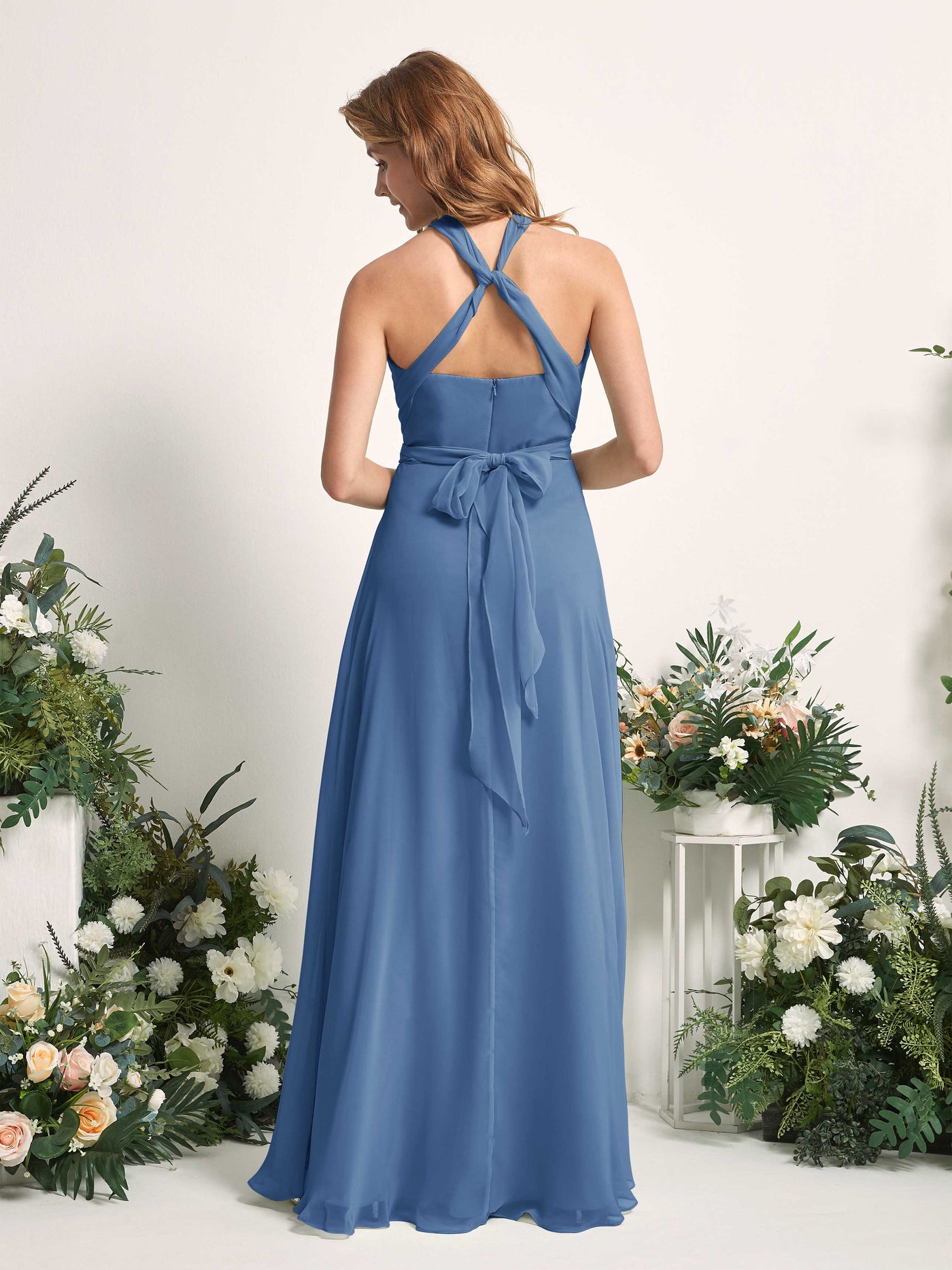Dusty Blue Bridesmaid Dresses Bridesmaid Dress A-line Chiffon Halter Full Length Short Sleeves Wedding Party Dress (81226310)#color_dusty-blue