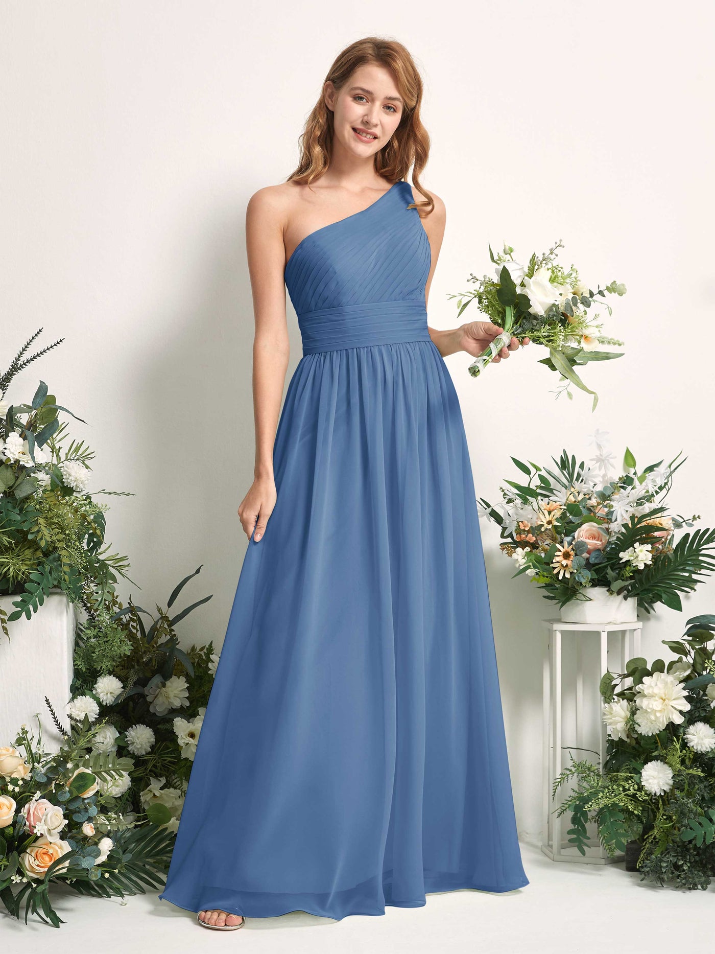 Bridesmaid Dress A-line Chiffon One Shoulder Full Length Sleeveless Wedding Party Dress - Dusty Blue (81226710)#color_dusty-blue