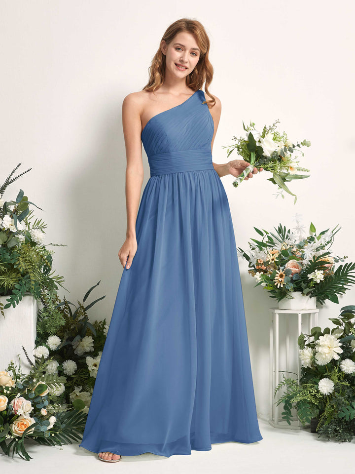 Bridesmaid Dress A-line Chiffon One Shoulder Full Length Sleeveless Wedding Party Dress - Dusty Blue (81226710)