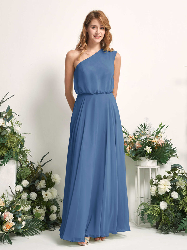 Bridesmaid Dress A-line Chiffon One Shoulder Full Length Sleeveless Wedding Party Dress - Dusty Blue (81226810)