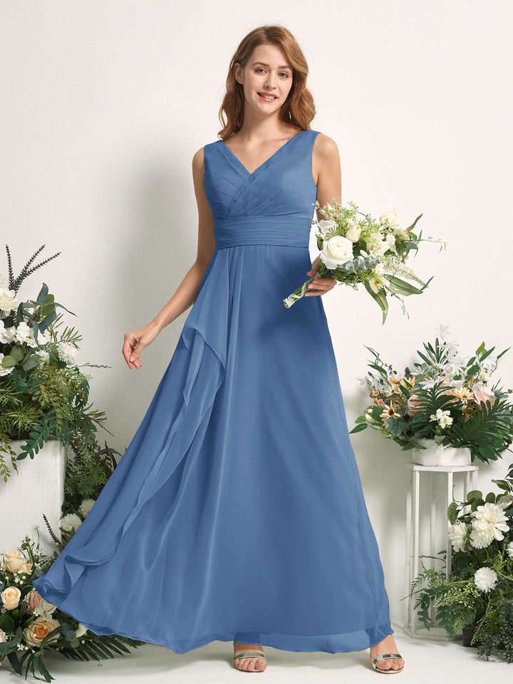 Bridesmaid Dress A-line Chiffon V-neck Full Length Sleeveless Wedding Party Dress - Dusty Blue (81227110)