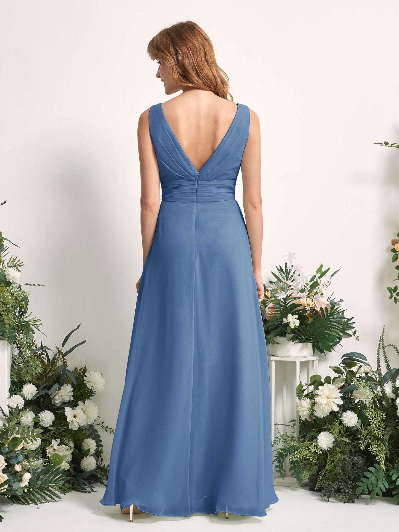 Bridesmaid Dress A-line Chiffon V-neck Full Length Sleeveless Wedding Party Dress - Dusty Blue (81227110)#color_dusty-blue