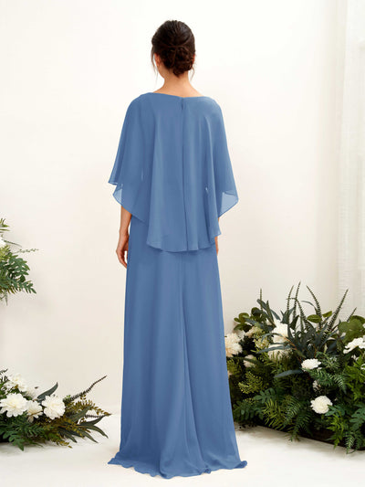 Carlyna Savin Sheath Dusty Blue Bridesmaid Dress Maxi Cap Sleeve Boat Neck Dress Back View #color_dusty-blue