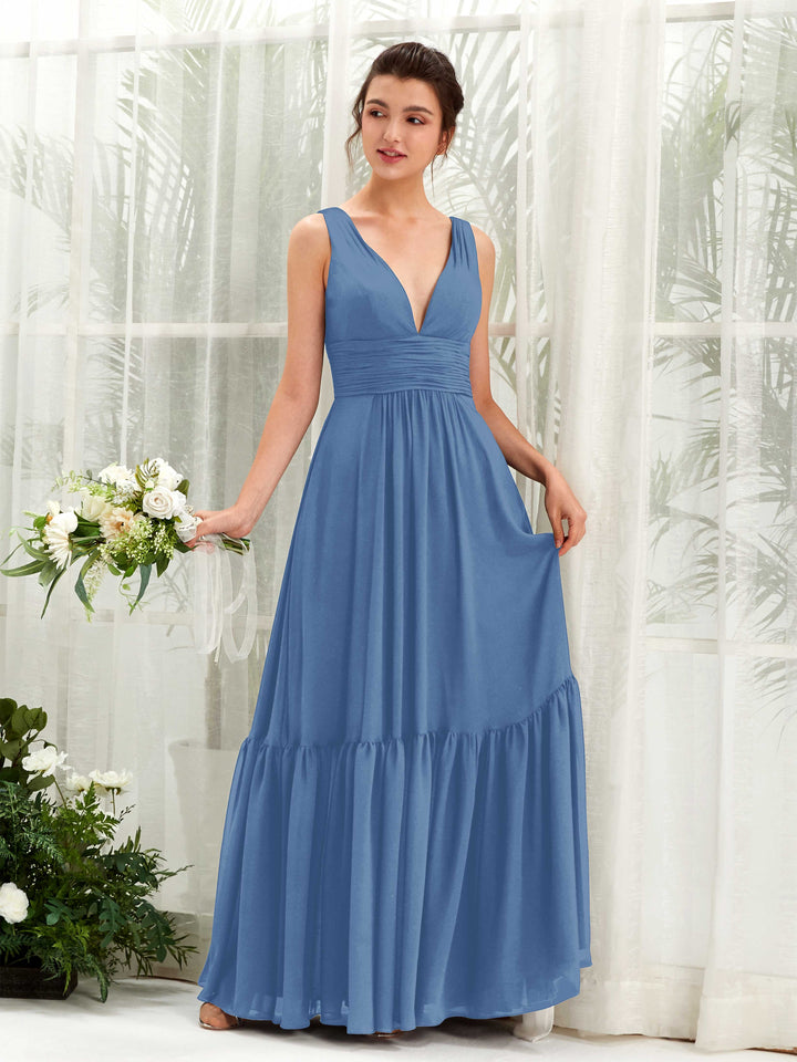 Dusty Blue Bridesmaid Dresses Bridesmaid Dress A-line Chiffon Straps Full Length Sleeveless Wedding Party Dress (80223710)