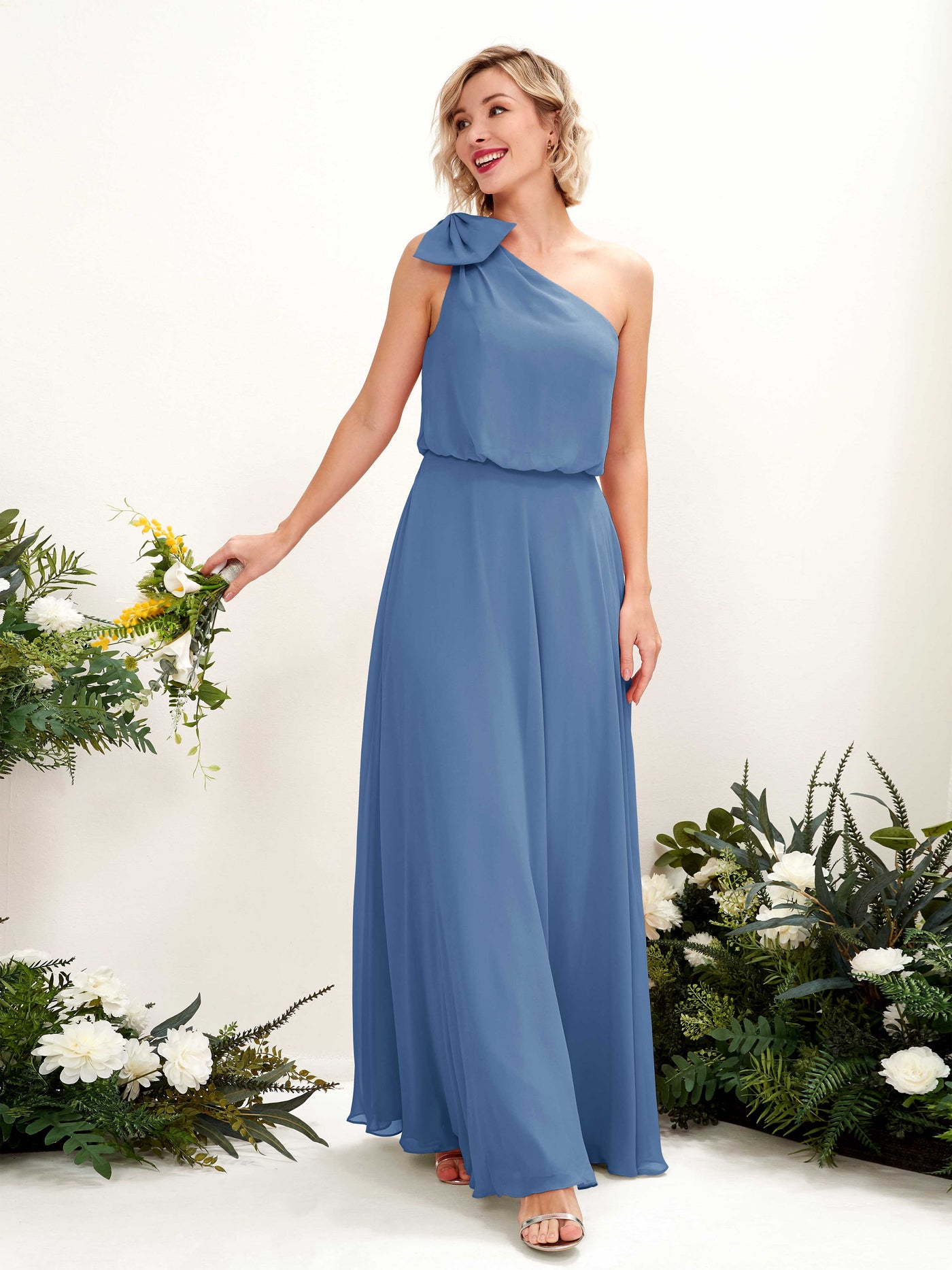 Dusty Blue Bridesmaid Dresses Bridesmaid Dress A-line Chiffon One Shoulder Full Length Sleeveless Wedding Party Dress (81225510)#color_dusty-blue