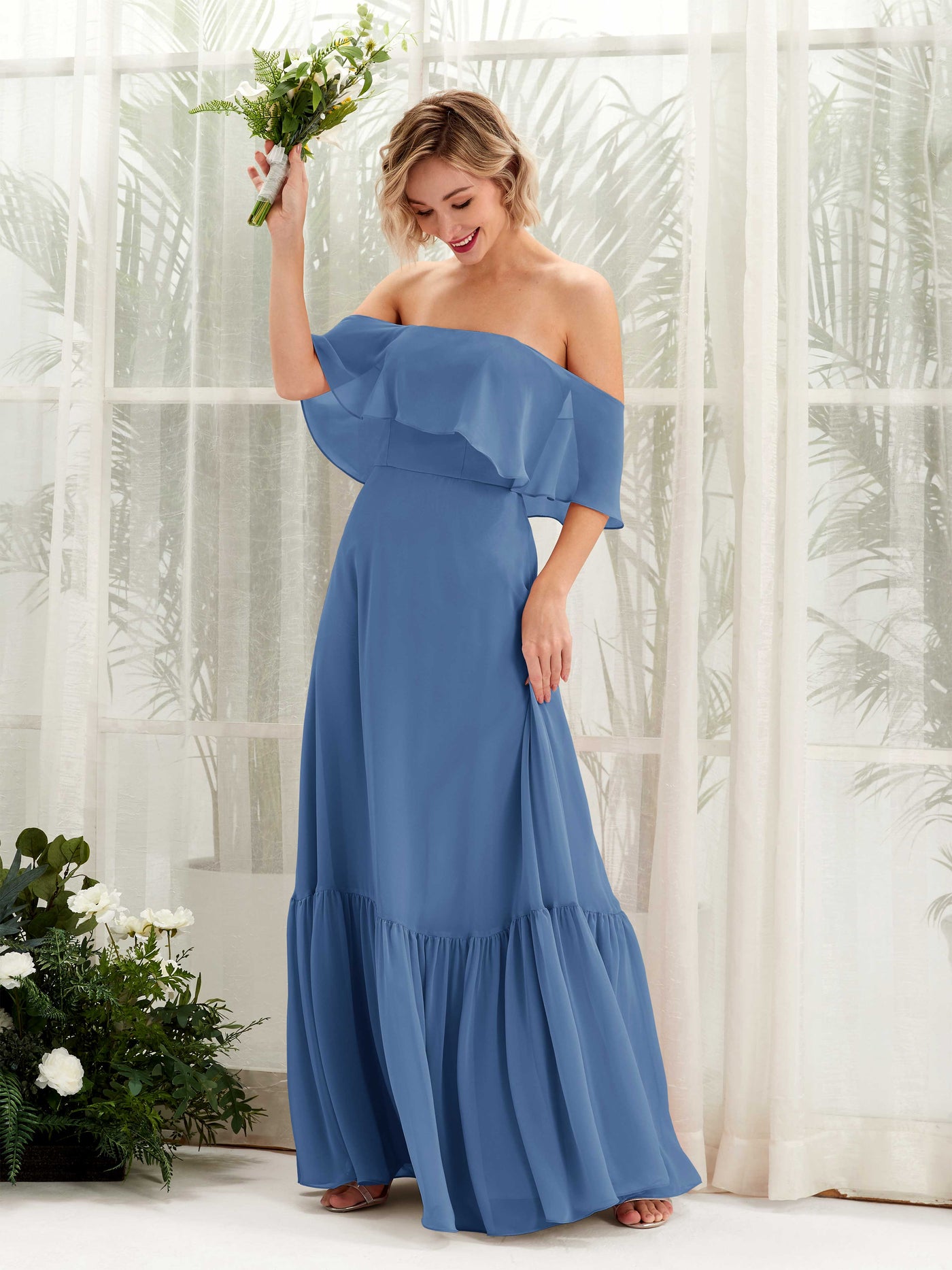 Dusty Blue Bridesmaid Dresses Bridesmaid Dress A-line Chiffon Off Shoulder Full Length Sleeveless Wedding Party Dress (81224510)#color_dusty-blue
