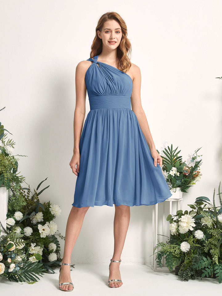 Bridesmaid Dress A-line Chiffon One Shoulder Knee Length Sleeveless Wedding Party Dress - Dusty Blue (81221210)