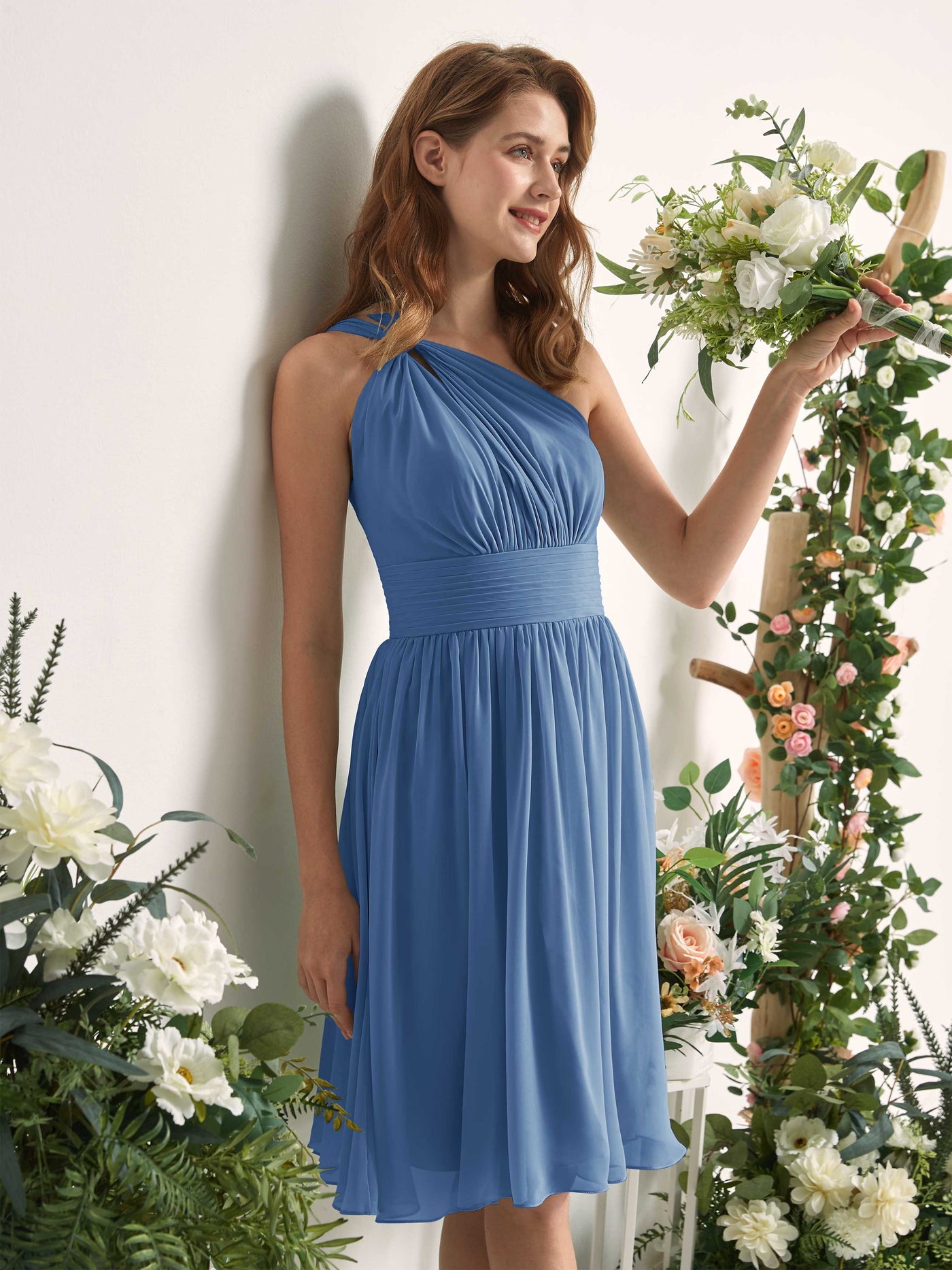 Bridesmaid Dress A-line Chiffon One Shoulder Knee Length Sleeveless Wedding Party Dress - Dusty Blue (81221210)#color_dusty-blue