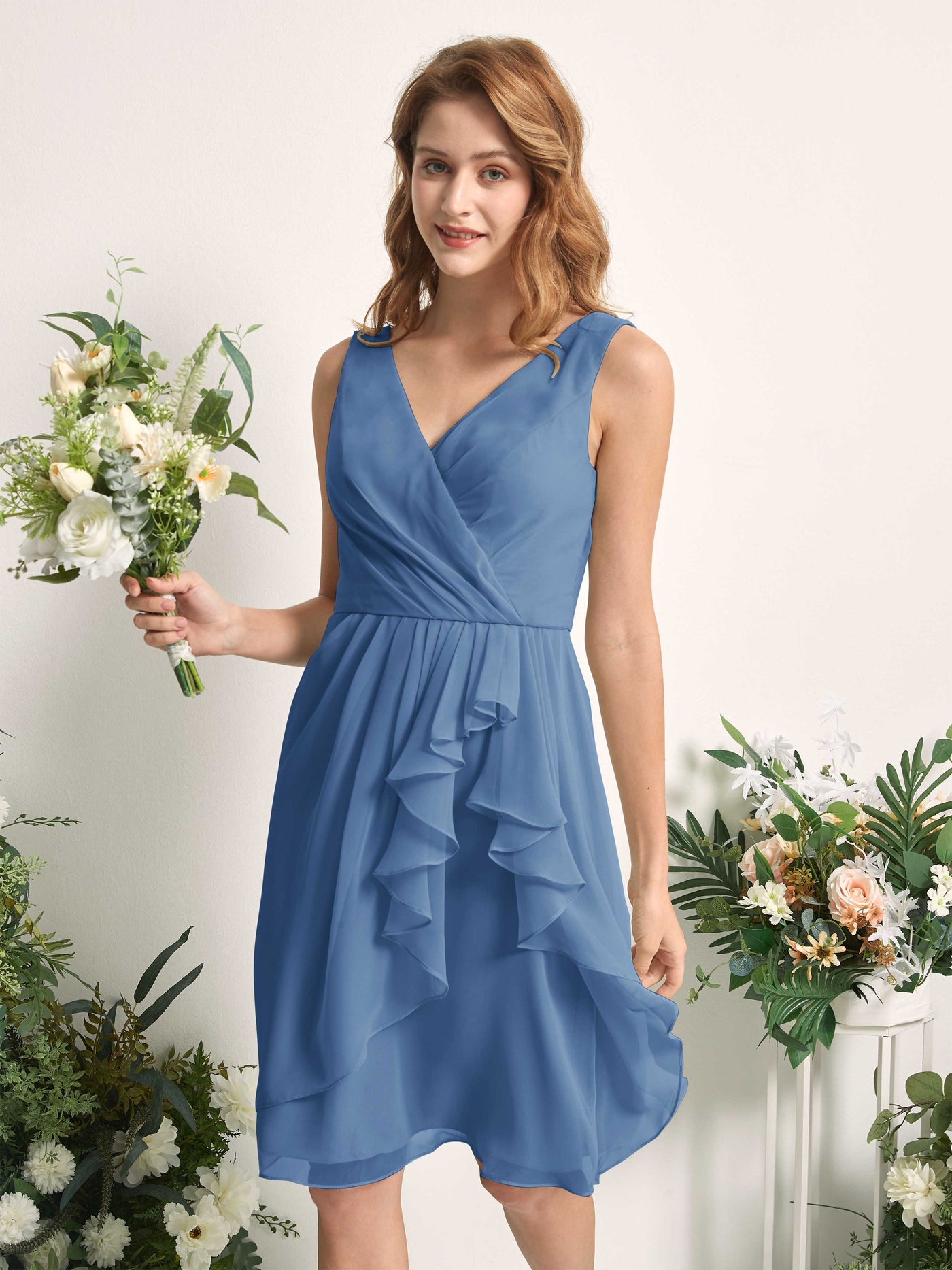 Bridesmaid Dress A-line Chiffon Straps Knee Length Sleeveless Wedding Party Dress - Dusty Blue (81226610)#color_dusty-blue