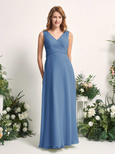 Carlyna June A-Line Dusty Blue Bridesmaid Dress Maxi Sleeveless V-Neck Dress Front View #color_dusty-blue