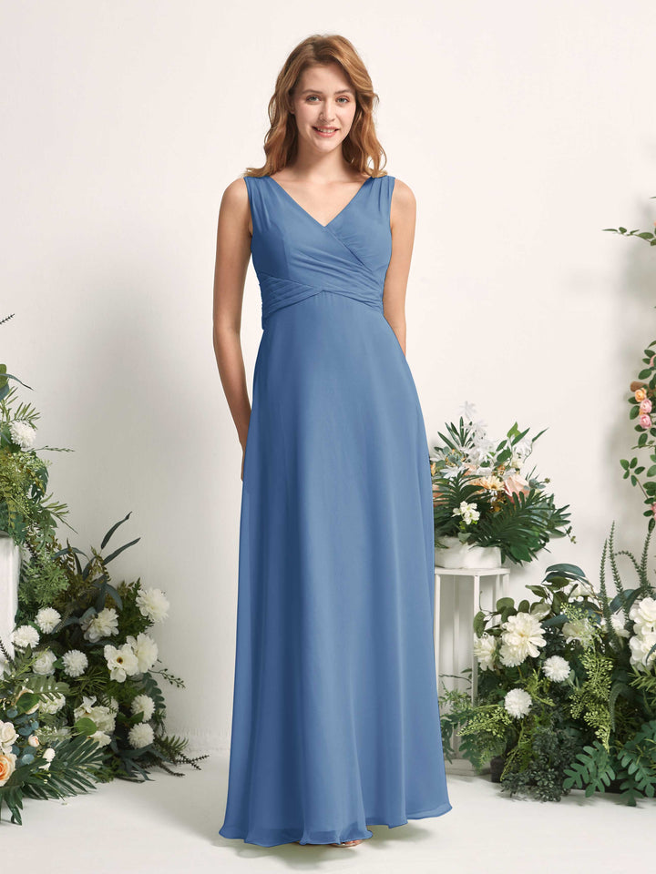 Bridesmaid Dress A-line Chiffon Straps Full Length Sleeveless Wedding Party Dress - Dusty Blue (81227310)