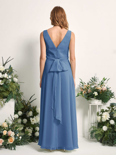 Carlyna June A-Line Dusty Blue Bridesmaid Dress Maxi Sleeveless V-Neck Dress Back View #color_dusty-blue
