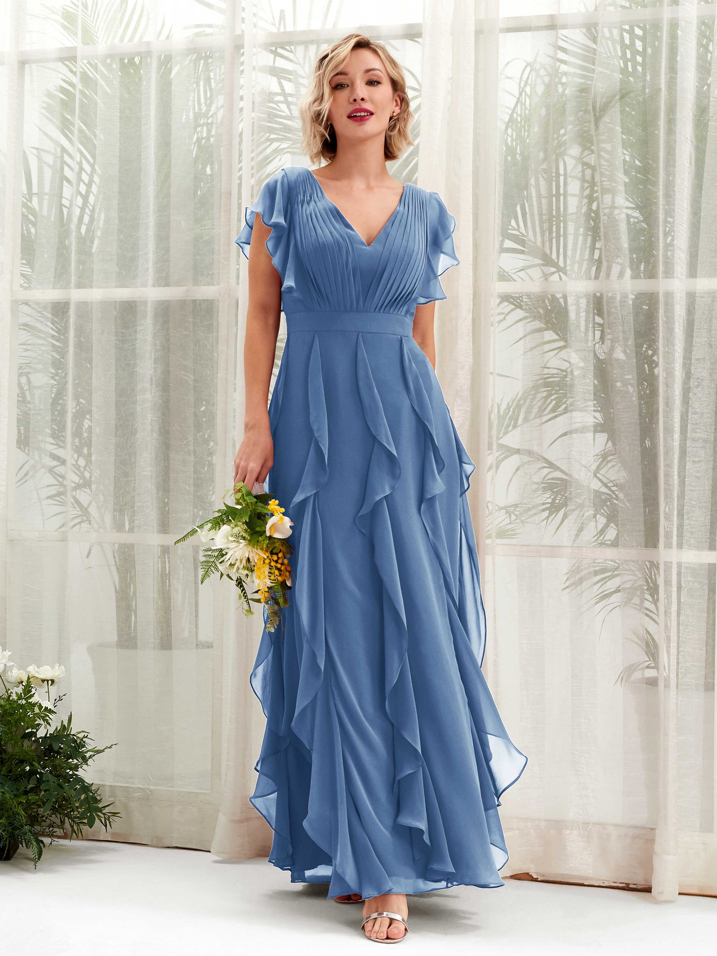 Biscotti Chiffon Bridesmaid Dress A-Line Maxi Flutter Sleeve V