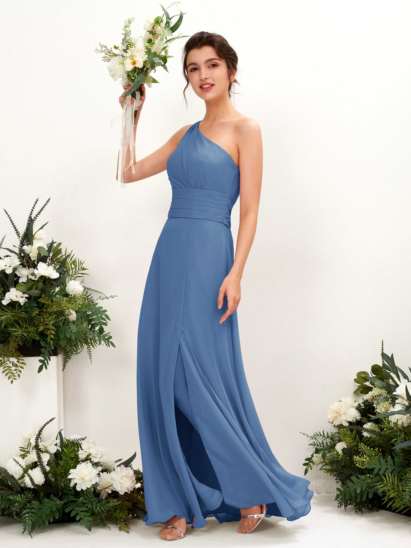 Dusty Blue Bridesmaid Dresses Bridesmaid Dress A-line Chiffon One Shoulder Full Length Sleeveless Wedding Party Dress (81224710)#color_dusty-blue