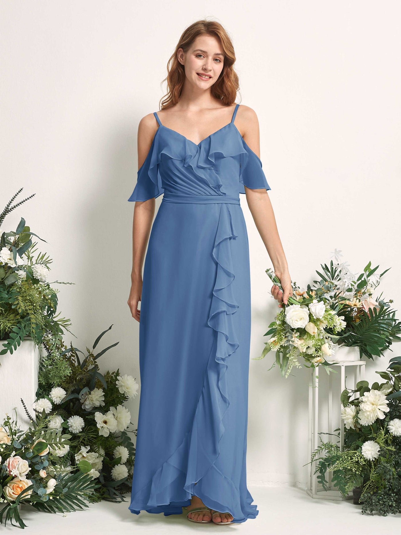 Bridesmaid Dress A-line Chiffon Spaghetti-straps Full Length Sleeveless Wedding Party Dress - Dusty Blue (81227410)#color_dusty-blue