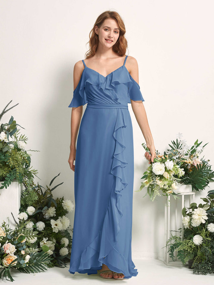 Bridesmaid Dress A-line Chiffon Spaghetti-straps Full Length Sleeveless Wedding Party Dress - Dusty Blue (81227410)