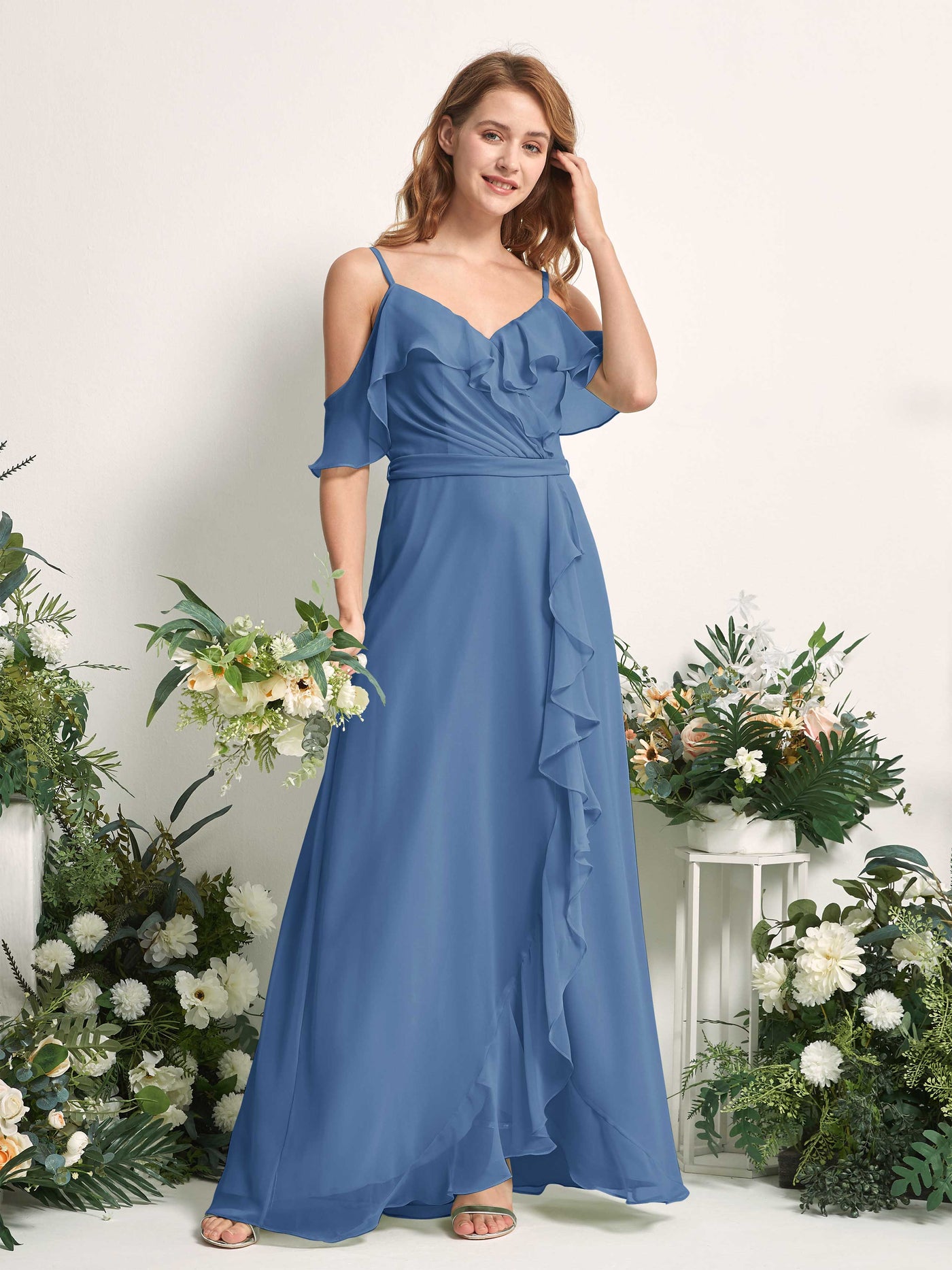 Bridesmaid Dress A-line Chiffon Spaghetti-straps Full Length Sleeveless Wedding Party Dress - Dusty Blue (81227410)#color_dusty-blue