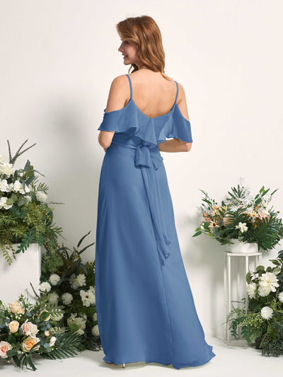 Carlyna Yvette A-Line Dusty Blue Bridesmaid Dress Maxi Sleeveless V-Neck Dress Back View #color_dusty-blue