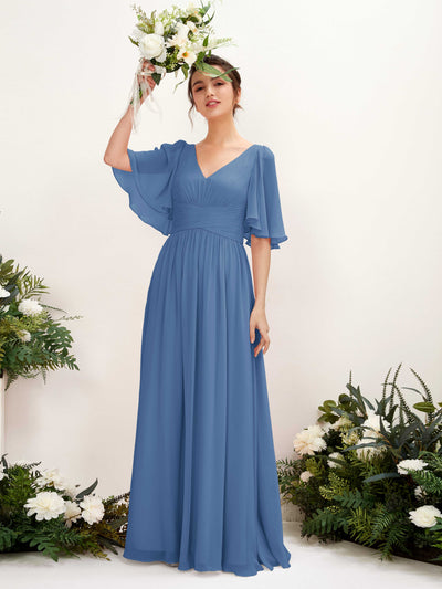 Dusty Blue Bridesmaid Dresses Bridesmaid Dress A-line Chiffon V-neck Full Length 1/2 Sleeves Wedding Party Dress (81221610)#color_dusty-blue