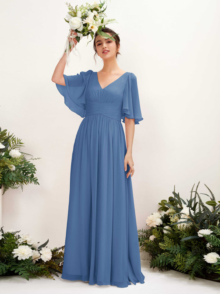 Dusty Blue Bridesmaid Dresses Bridesmaid Dress A-line Chiffon V-neck Full Length 1/2 Sleeves Wedding Party Dress (81221610)