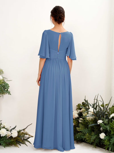 Carlyna Odette A-Line Dusty Blue Bridesmaid Dress Maxi Short Sleeve V-Neck Dress Back View #color_dusty-blue