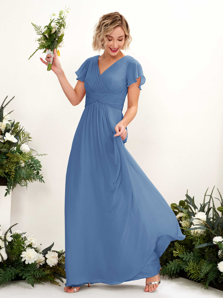 Dusty Blue Bridesmaid Dresses Bridesmaid Dress A-line Chiffon V-neck Full Length Short Sleeves Wedding Party Dress (81224310)