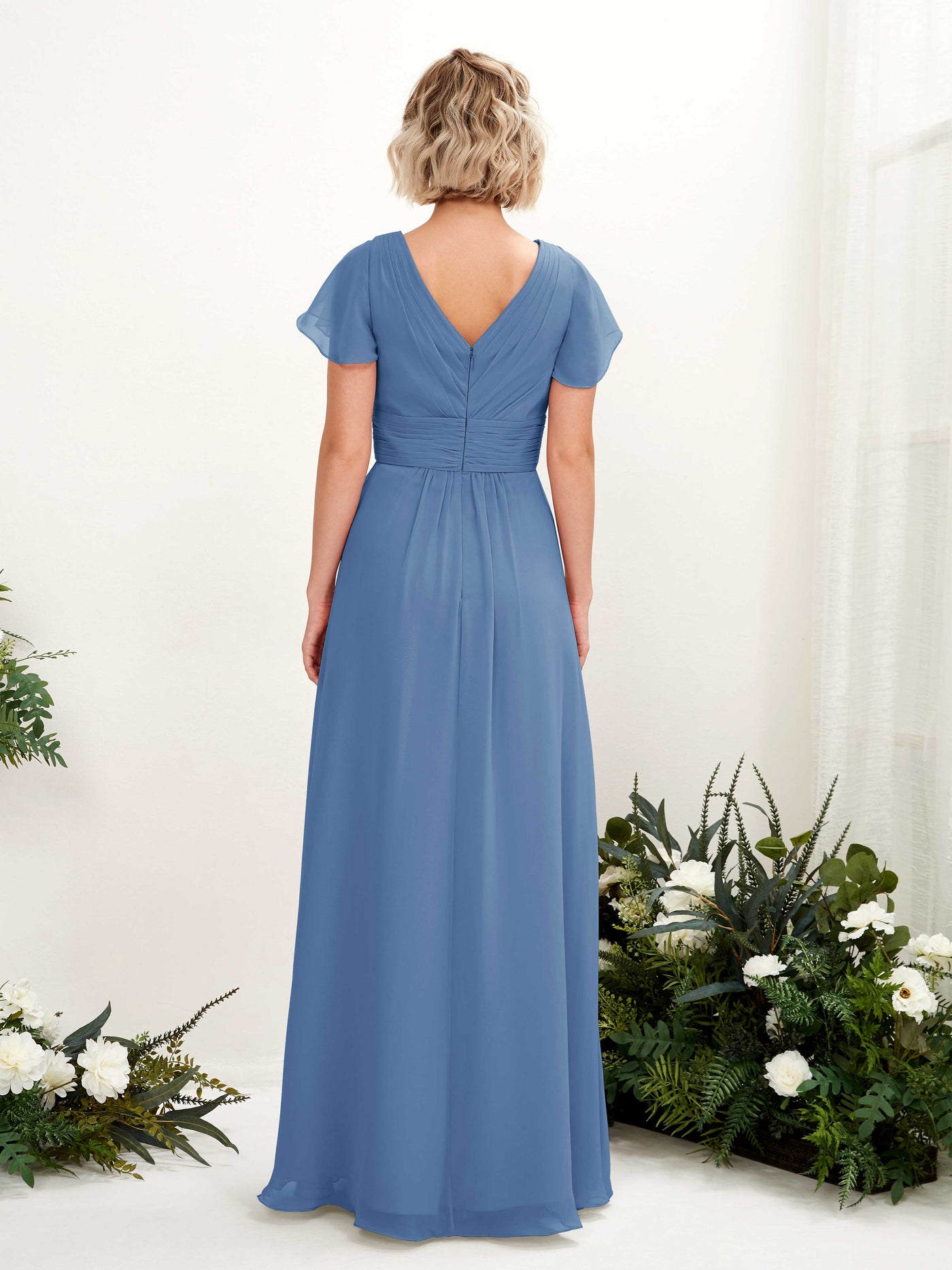 Dusty Blue Bridesmaid Dresses Bridesmaid Dress A-line Chiffon V-neck Full Length Short Sleeves Wedding Party Dress (81224310)#color_dusty-blue
