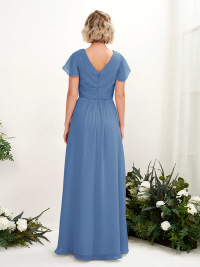 Carlyna Tolly A-Line Dusty Blue Bridesmaid Dress Maxi Cap Sleeve V-Neck Dress Back View #color_dusty-blue