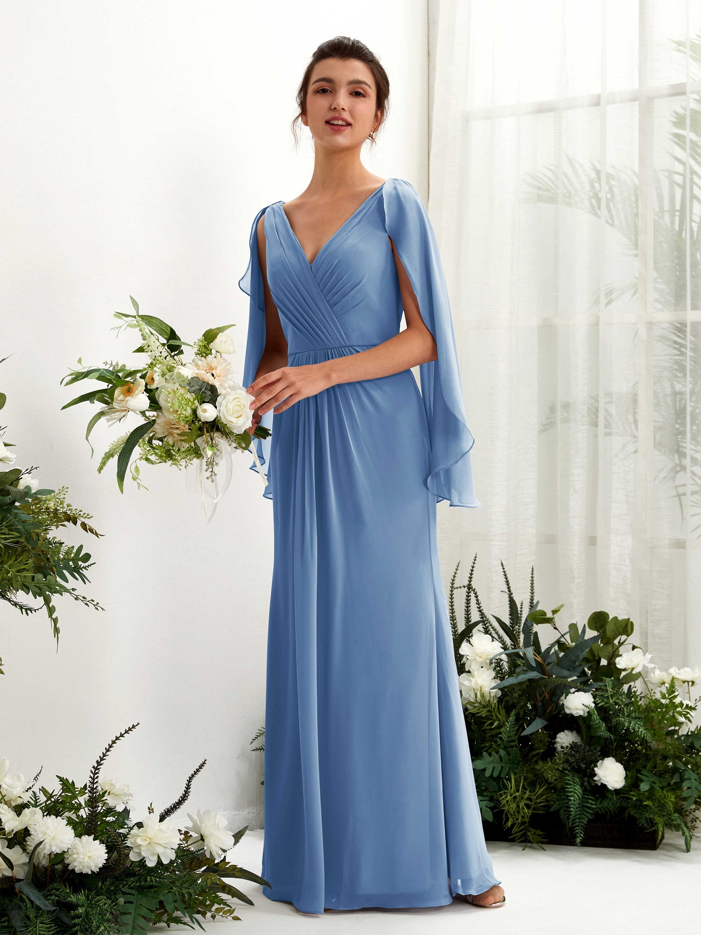 Dusty Blue Bridesmaid Dresses Bridesmaid Dress A-line Chiffon Straps Full Length Long Sleeves Wedding Party Dress (80220110)#color_dusty-blue