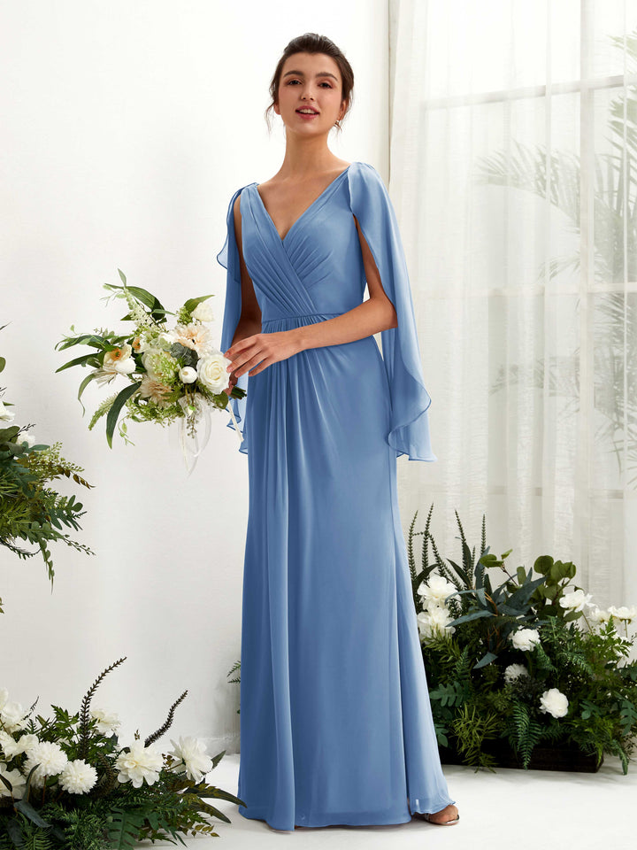 Dusty Blue Bridesmaid Dresses Bridesmaid Dress A-line Chiffon Straps Full Length Long Sleeves Wedding Party Dress (80220110)