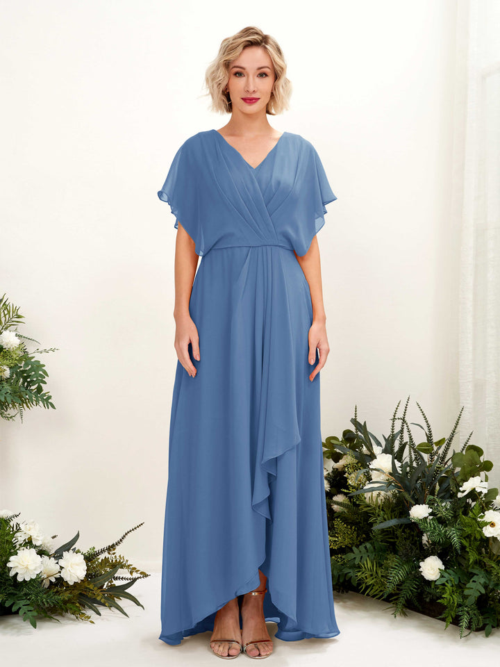 Dusty Blue Bridesmaid Dresses Bridesmaid Dress A-line Chiffon V-neck Full Length Short Sleeves Wedding Party Dress (81222110)