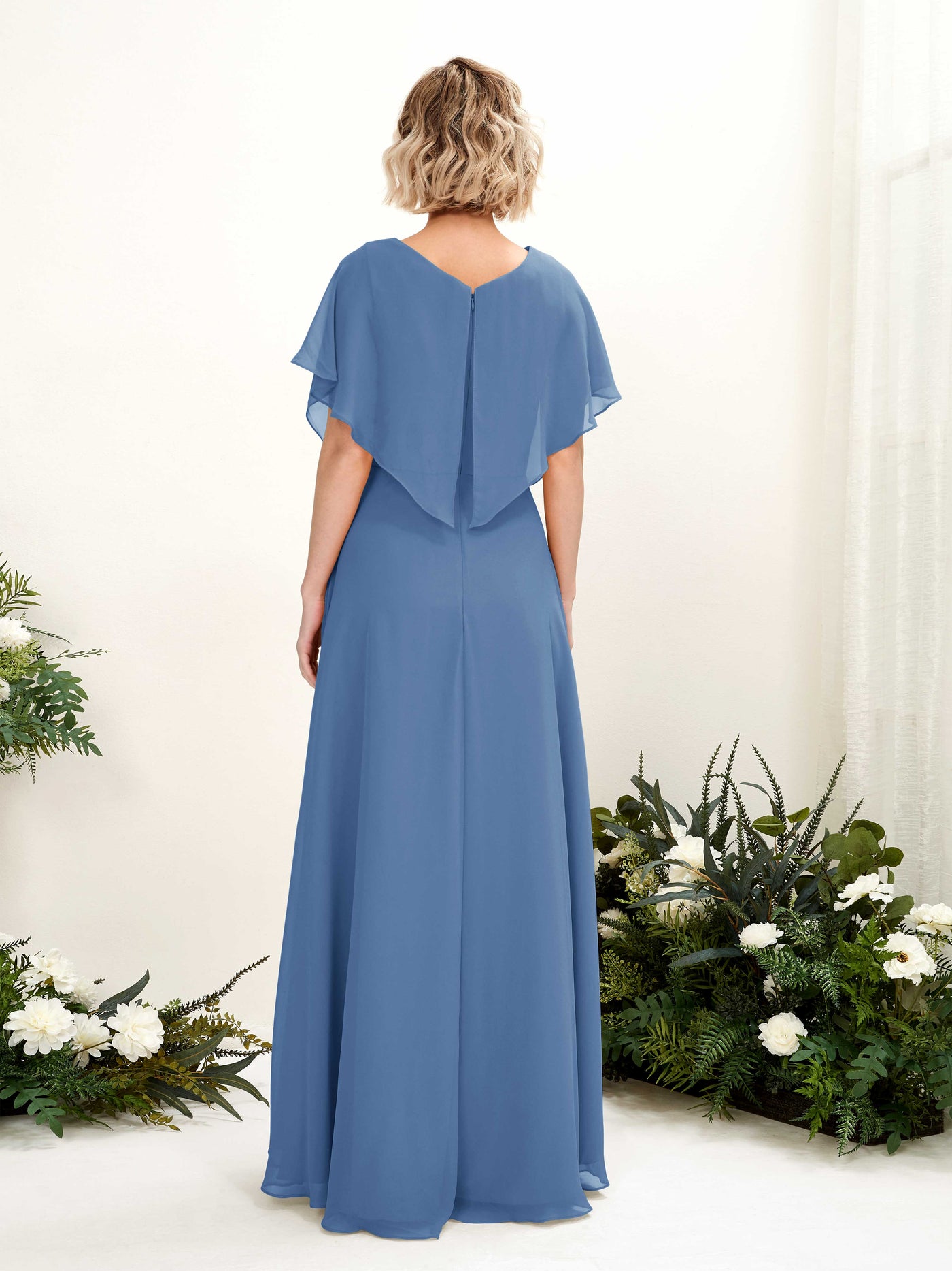 Dusty Blue Bridesmaid Dresses Bridesmaid Dress A-line Chiffon V-neck Full Length Short Sleeves Wedding Party Dress (81222110)#color_dusty-blue